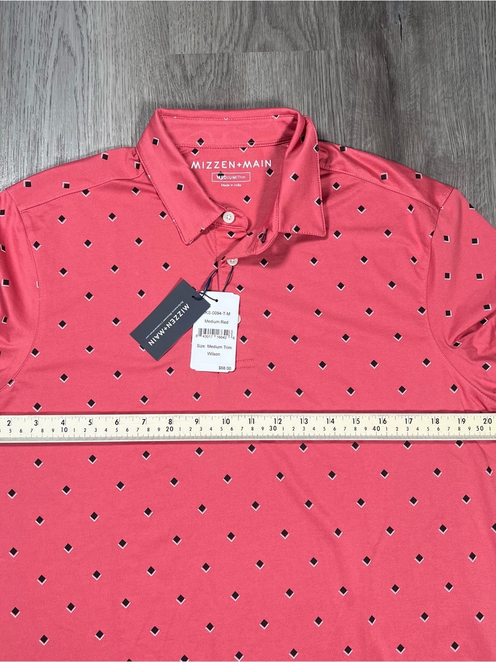 New Mizzen+Main Performance Golf Polo Shirt Mens M Trim Wilson Geometric Red - Picture 7 of 7